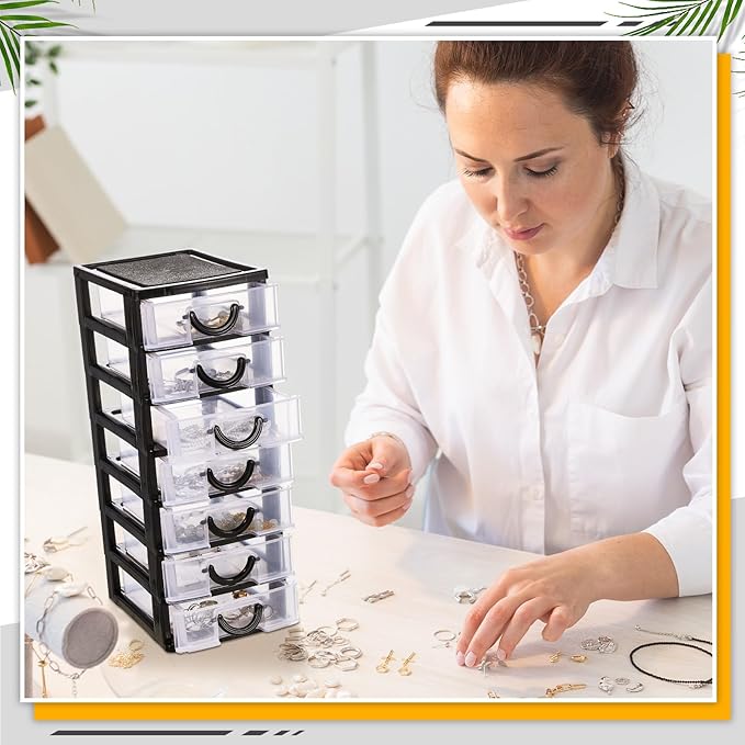 Thyle 2 Pcs Plastic Drawers Organizer Mini Organizer Stackable Plastic Clear Drawer Storage Box Containers Storage Units for Desktop Classroom Craft 6.7 x 4.9 x 13.4 inches(Black)