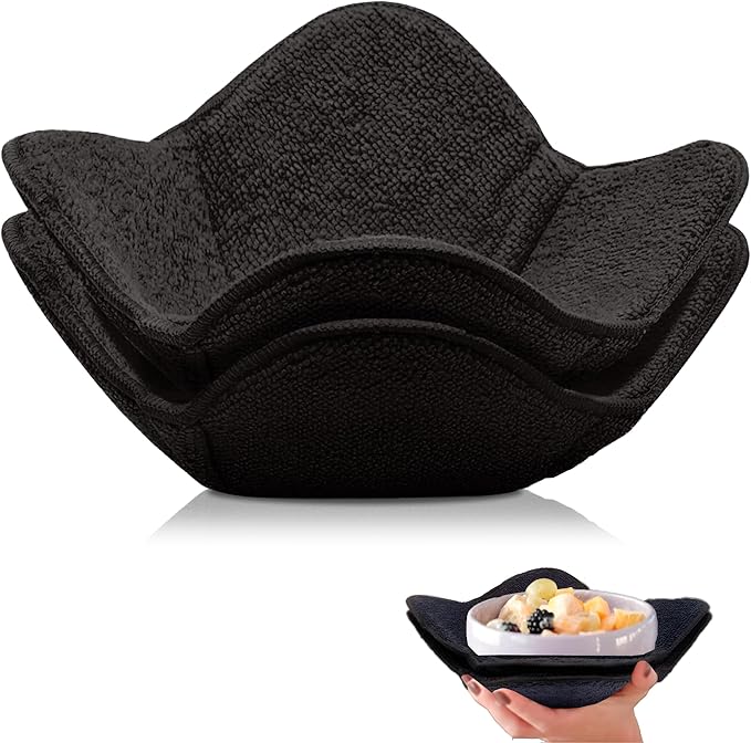 Set 2X Black 7" sq. x 4"H Polyester Microwave Bowl Holder Potholders - Microwavable Soup Bowl Cozy - Hot Pads Holders for Hot Food Quilted - Bowl Cozies for Microwave Kitchen Accessories, Gadgets