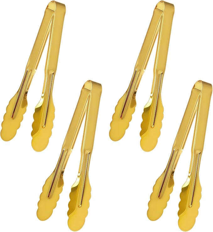 4 Pack Stainless Steel Serving Tongs, 9 Inch Gold Salad Tongs Serving Utensils Buffet Tongs Gold Plated Heavy Duty Reusable Metal Kitchen Clips for Salad, Snack, Barbecue, Catering, Wedding, Party