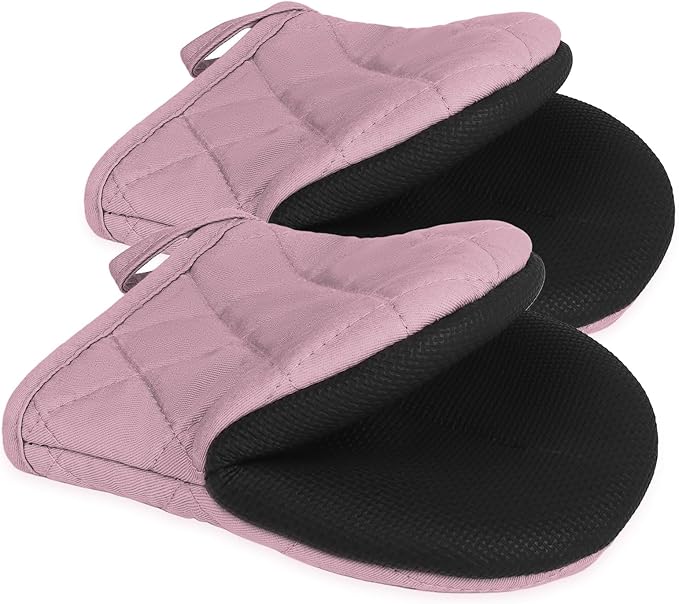 Short Oven Mitts, Heat Resistant 500°F, Silicone Grip Kitchen Gloves, Non-Slip for Baking, Grilling, BBQ, Machine Washable with Hanging Loop, 2-Pack Set, Light Pink