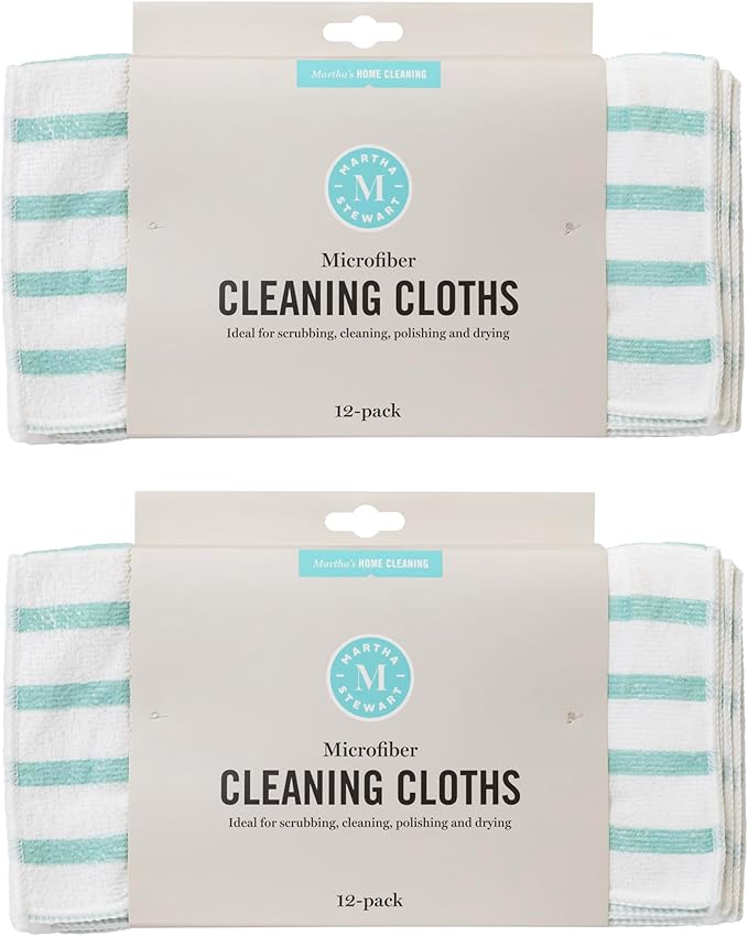 Martha Stewart Microfiber Cleaning Cloths, Ultra-Absorbent, Lint-Free Cleaning Towels for Home & Kitchen, Teal Stripes, 11 Inches, 24 Count