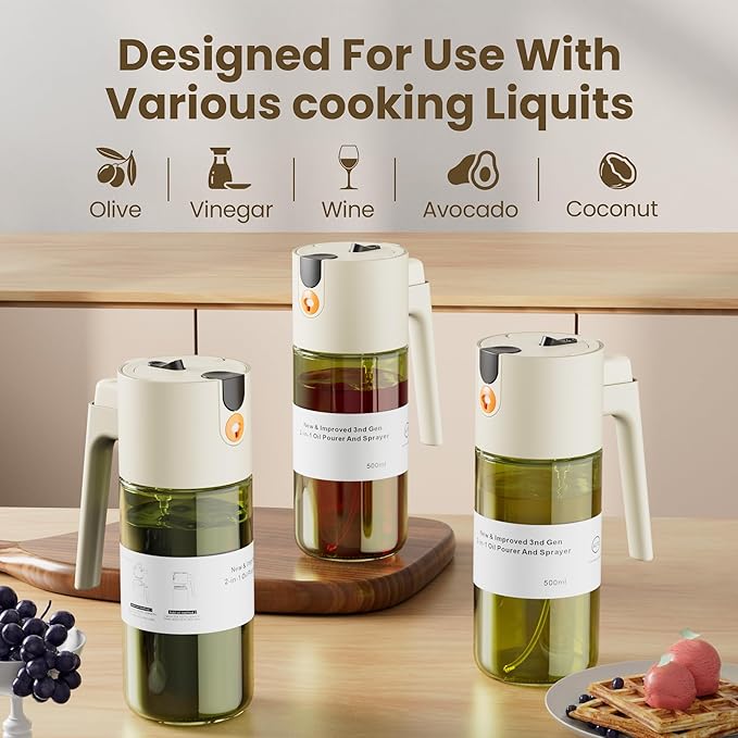 LUKUMIQI 2 in 1 Oil Sprayer for Cooking, 17oz Light-Blocking Glass Spray Bottle with Stickers, Oil Dispenser for Salad, Air Fryer & BBQ