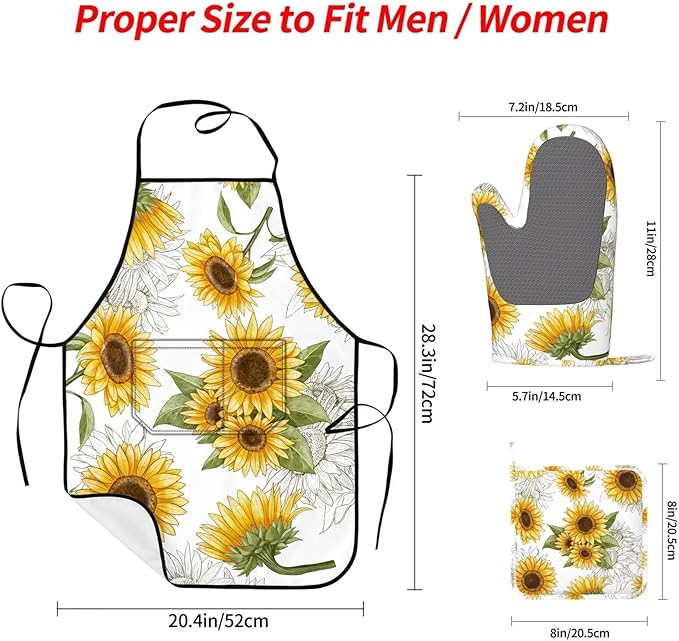 Yellow Sunflower Oven Mitts Sunflowers Pot Holders Yellow Flowers Cooking Apron Set of 5 Silicone Kitchen Glove Apron Non-Slip Heat Resistant for Chef Baking Cooking Grilling BBQ