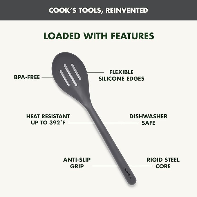 GreenPan Silicone Slotted Spoon, Cooking Kitchen Utensil, Mixing Stirring Serving, Flexible Rubber Nonstick Cookware, Rigid Steel Core Heat-Resistant, Anti-Slip Handle, BPA-Free, Dishwasher Safe, Gray