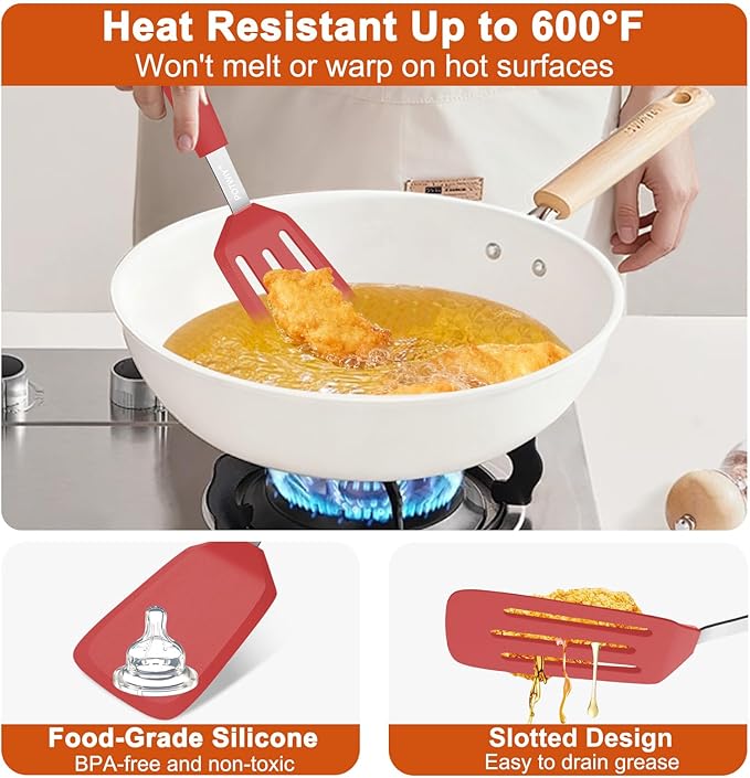2 Pack Silicone Spatula Set, 600°F Heat Resistant Kitchen Spatula, BPA Free Solid & Slotted Turner, Flexible Cooking Utensils for Non Stick Frying Pan, Flipper for Eggs and Pancakes (Red)