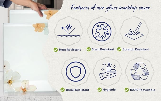 Kitchenville Glass Cutting Board 20”x16”: Tempered Glass Kitchen Counter Protector - Durable- Scratch-Resistant, Heat-Proof - Design 5 - Floral Design