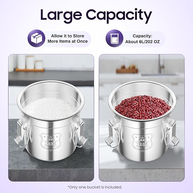 6L/1.59Gal Stainless Steel Airtight Canister Food Storage Canisters with Airtight Lid&Locking Clamp Rice Cereal Grain Canisters Container Bucket for Rice Milk Jug Coffee Bean Cookies Storage