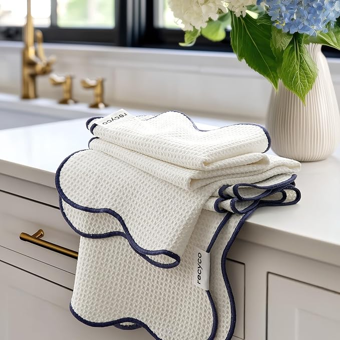 RECYCO Waffle Kitchen Towel Set of 2 - Quick Dry Microfiber Sustainable Dish Towels - Ultra Absorbent Reusable Cleaning Tea Towels - Lightweight Hand Towels,16”x 28”, Navy Blue