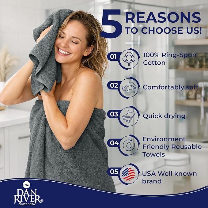 DAN RIVER 8 PC Luxury Bath Towels for Bathroom, 2 Bath, 2 Hand, and 4 Wash Cloths, 600 GSM 100% Ring Spun Cotton Towel Set, Highly Absorbent, Gym, Hotel, and Spa, Grey
