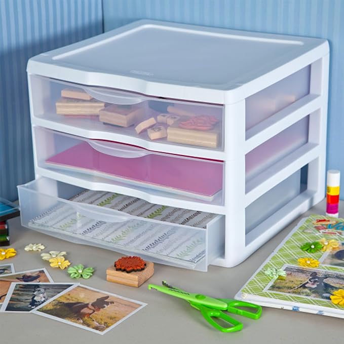 Sterilite 3-Pack Wide 3 Drawer Unit, Plastic Desktop Organizer with Clear Drawers, White Frame - Stackable Multi-Purpose Storage for Office Supplies, Craft Rooms, Classrooms and Home Organization