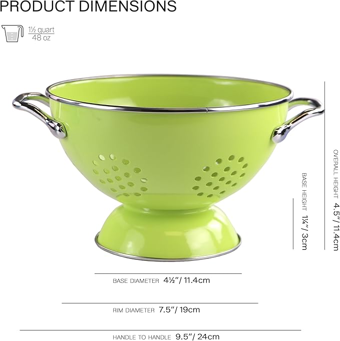 Reston Lloyd, 1.5 Quart Powder Coated Steel Kitchen Strainer Basket for draining Pasta, Vegetable and Fruit, Chrome Handles and Wide Stable Base, Lime