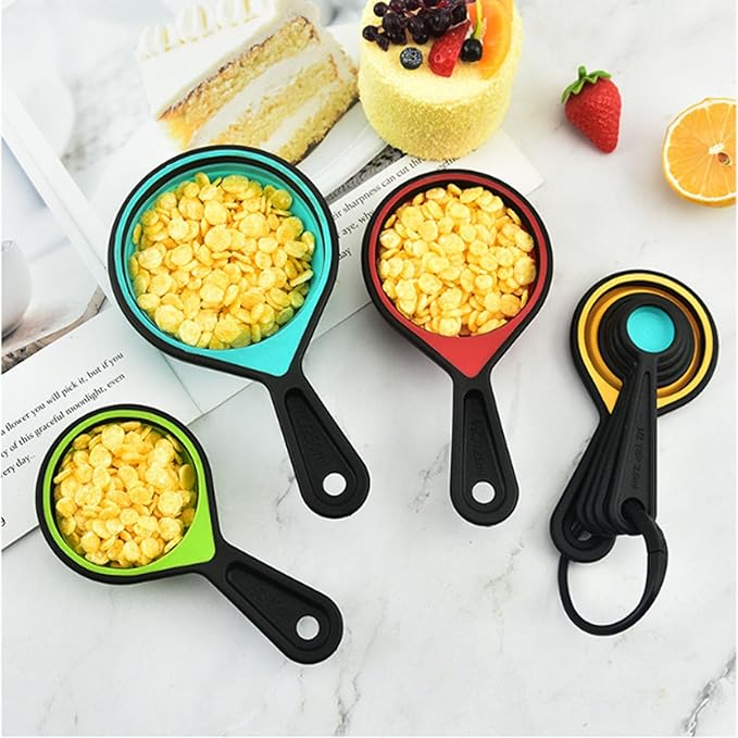 VUFVOID 8pcs Collapsible Silicone Measuring Cups and Spoons Set Adjustable Measuring Cup Camper Kitchen Accessories Measure Cups and Spoons Set, 1/4-1, vion1
