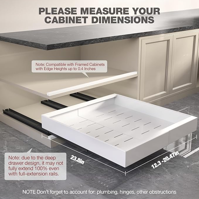 Seinloes 2 Pack Pull Out Cabinet Organizer 24" Deep,Full Extension 3 Slide Rails Slide Out Drawers With Raising Pad for Framed Cabinets,Expandable Width (12.3"-20.5"),No Drill Roll Out shelf,White