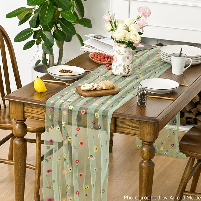 Artoid Mode Sage Green Embroidery Daisy Gauze Table Runner 120 Inch 10FT, Seasonal Sheer Dining Holiday Wedding Birthday Table Decor for Home Party