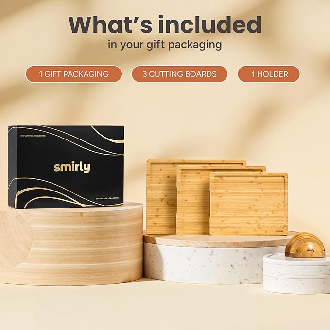 SMIRLY Wooden Cutting Boards For Kitchen Meal Prep & Serving - Bamboo Cutting Board Set with Holder, Charcuterie & Chopping Board, Wood Cutting Board Set, Kitchen Gadgets