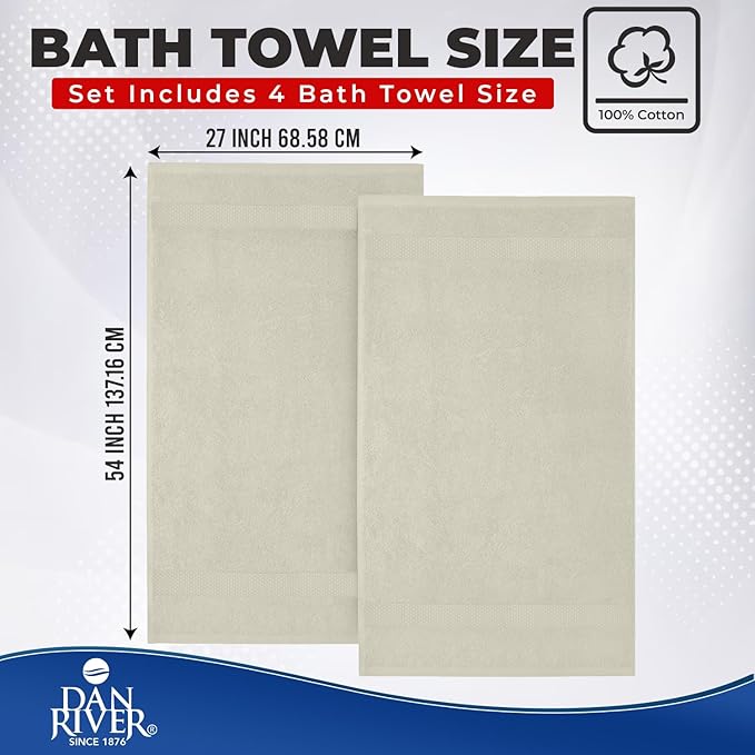 DAN RIVER Bath Towels Set of 4, 27 x 54 Inches, 100% Cotton, Larger & Lighter Weight, Quicker to Dry, Super Soft and Absorbent, Ideal Quick Dry Bath Towels for Daily Use, Ivory