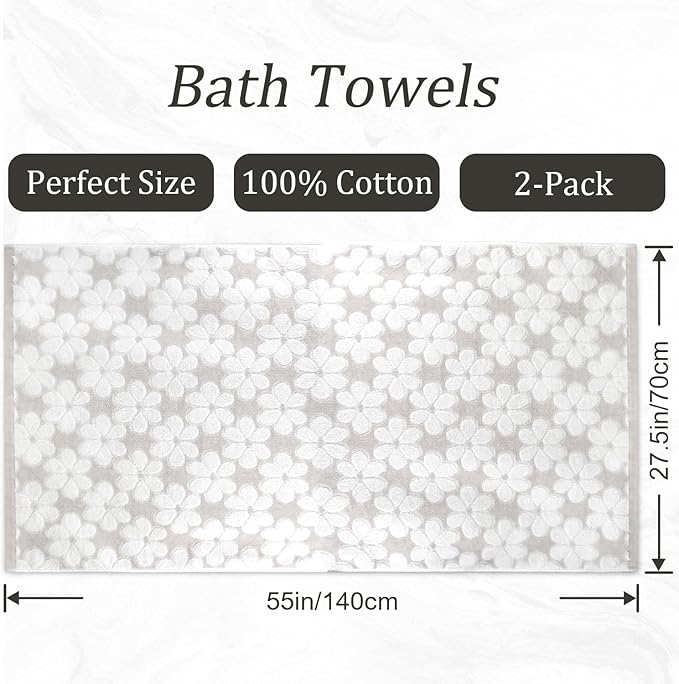 Jacquotha Soft Bath Towels 2 Pack, Super Absorbent Shower Towels 27.5x55 Inches, Cute Floral Jacquard Bathroom Set, Cotton, Light Beige