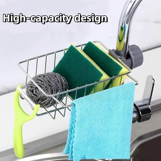 Sponge Holder for Kitchen Sink, Silver Stainless Steel Sink Organizer, Drying Rack for Sponges and Bottles