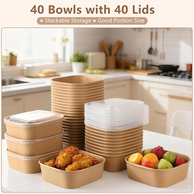 40 Sets 33oz Disposable Kraft Paper Bowls with Lids, Large Paper Food Containers with Lids, Salad Bowls for Hot/Cold Food, Fruit, Meal Prep, Ice Cream, Takeout, Party Supplies(Square, 1000ml)
