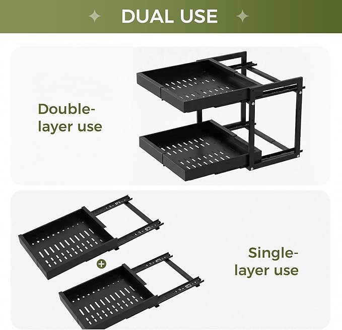 Abalter Expandable Pull Out Cabinet Organizer, 2-Tier Slide Out Drawer for Kitchen Cabinets, Adjustable Width 12-18.5", Slide Out Shelves for Kitchen Countertop, Bathroom, Pantry, Heavy Duty Caddy