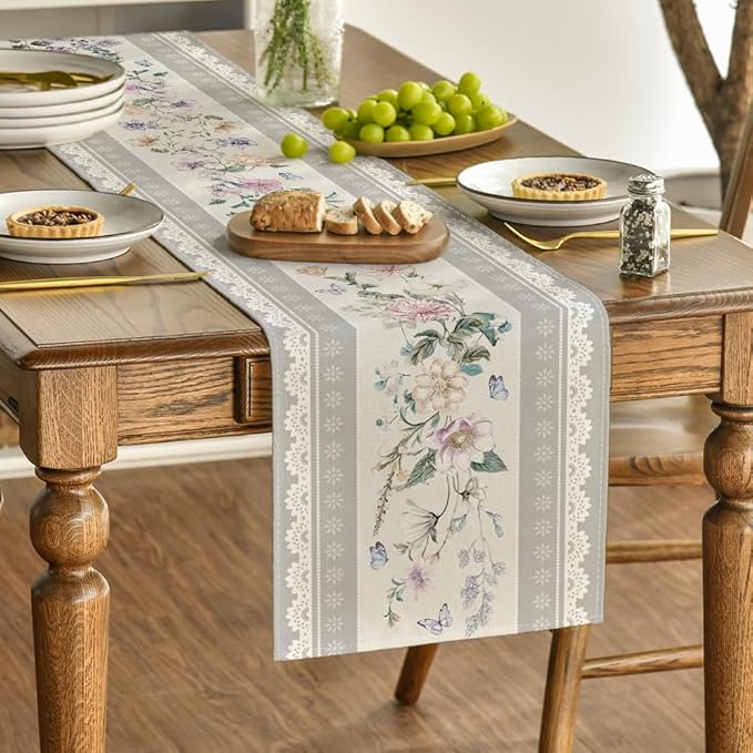 Artoid Mode Printed Lace Floral 210 GSM Spring Table Runner, Seasonal Summer Kitchen Dining Table Decoration for Home Party Decor 13x72 Inch