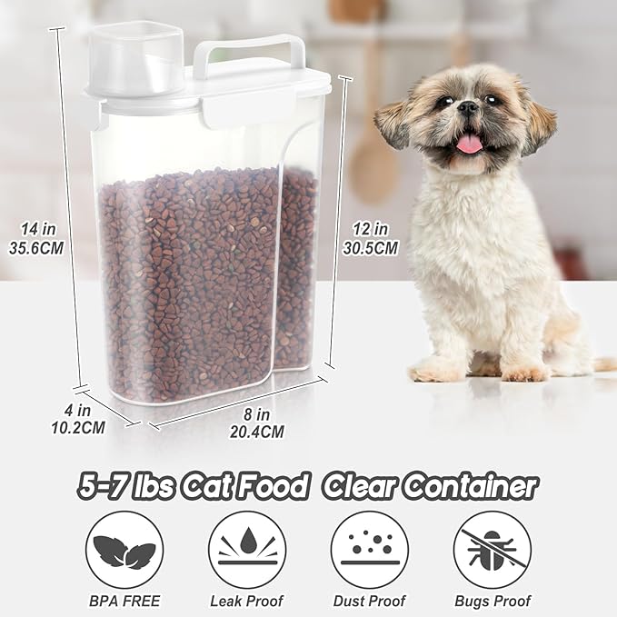 LEAWALK 5-7Lbs Dog Cat Food Storage Container with Upgraded Large Nozzle BPA-free, 4 Snap Seals Plastic Pet Food Storage Containers with Handles (White, 5L-1pack)