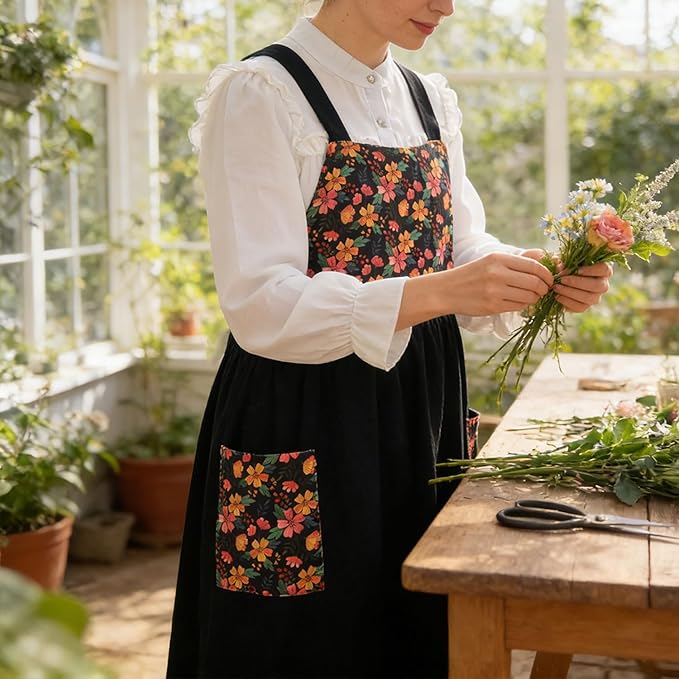 Uaussi Cotton Linen Apron Cross Back Work Apron for Women with Pockets Pinafore Dress X Cross Halter Apron for Chef Gardening
