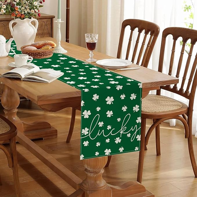 ONFAON St Patricks Day Table Runner 13 x 72 Inch,Green Lucky Shamrock Seasonal Spring Holiday Table Decorations Home Party Kitchen Dining Table Decor