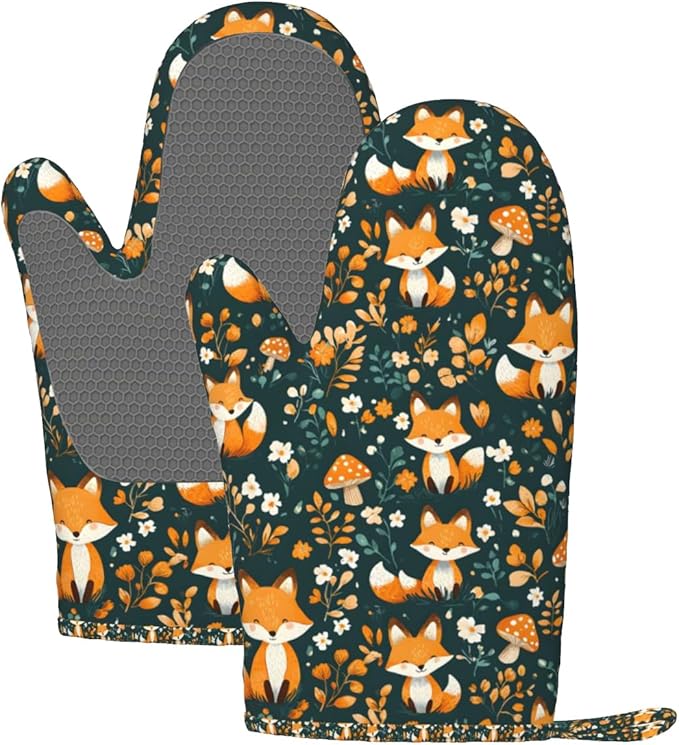Forest Fox Silicone Oven Mitts Set of 2, Heat Resistant up to 500°F, Kitchen Oven Gloves with Non-Slip Grip and Soft Cotton Lining for Baking, Cooking and BBQ