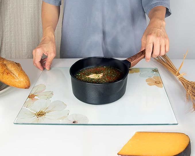 Kitchenville Glass Cutting Board 16"x12": Tempered Glass Kitchen Counter Protector - Durable- Scratch-Resistant, Heat-Proof - Design 5 - Floral Design