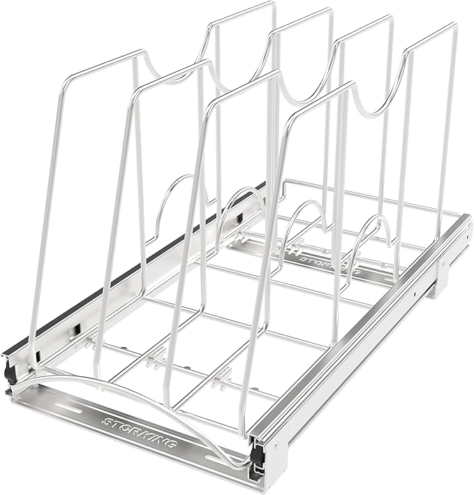Pull Out Cookie Sheet Organizer for Cabinet, Pan and Pot Rack, Cutting Board Organizer Rack, Baking Tray Organizer for Cabinet, Adjustable Divider Width, 11" W x 22" D x 11.8" H, Chrome
