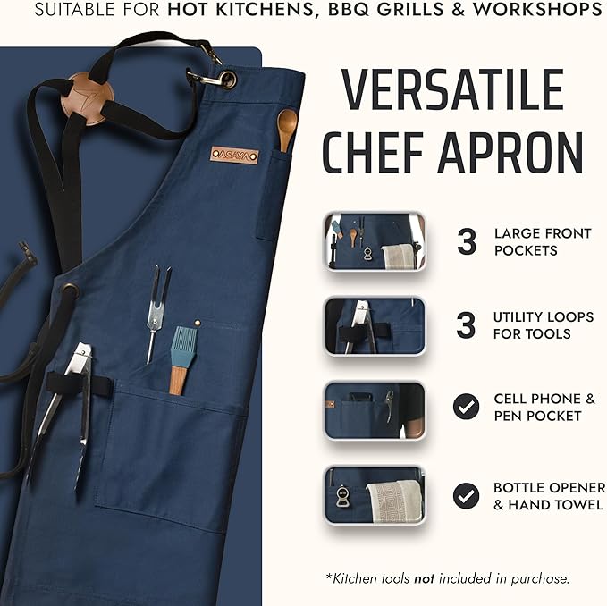 Asaya Chef and BBQ Apron with Bottle Opener and Hand Towel - 10oz Cotton Canvas, Stainless Steel Hardware - Cross Back Straps