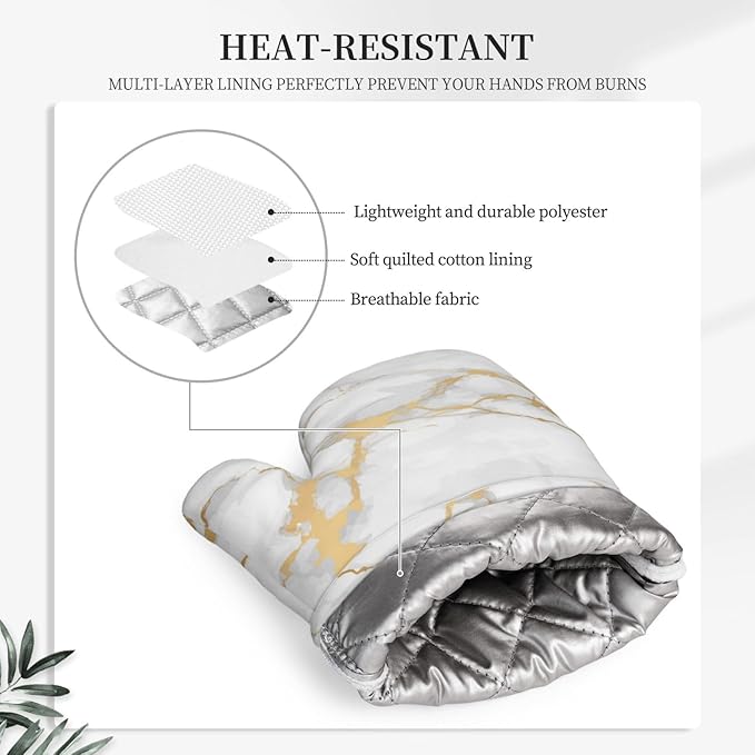 Oven Mitts and Pot Holders White Gold Marble Abstract Silicone Kitchen Accessories Set of 2 Heat Resistant Long Gloves Potholder Non-Slip Grip for Chef Cooking,Baking,Grilling,BBQ