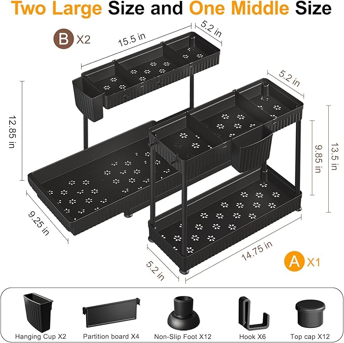 Sevenblue 3 Pack Multi-Purpose Pull-Out Storage Organizers, 2-Tier L-Shaped Under Sink/Cabinet Organizers and Storage for Bathroom & Kitchen, Black, 12.8 Inches