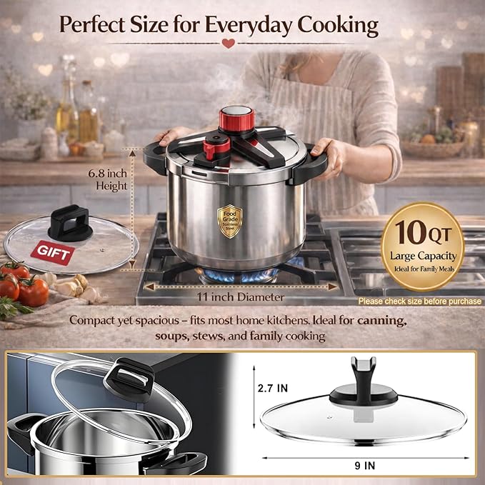 Pressure Cooker 10 QT,18/8 Stainless Steel Pressure Cooker,Olla De Presion,10/15 PSI Settings,One-Hand Locking,Compatibility Gas and Induction Cooktops, Glass Lid included