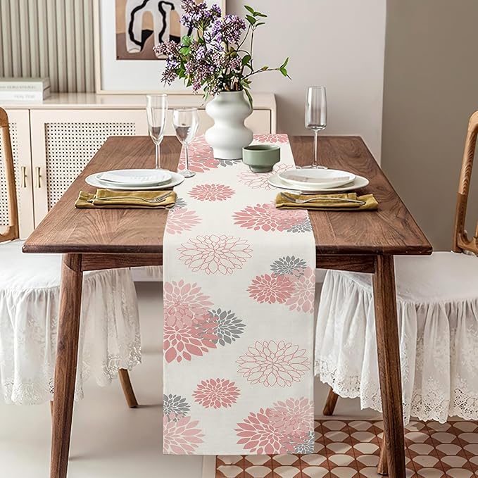 Pink Gray Table Runner Dahlia Pinnata Flower Beige Table Runners Modern Elegant Pompon Farmhouse Geometric Table Center Decor for Girls Room Dining Party Patio (13 x 90 Inch)