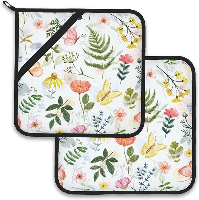 Wildflowers Butterfly Herbs Pot Holder Set of 2,Heat Resistant Potholders Oven Hot Pads for Kitchen Cooking Baking BBQ