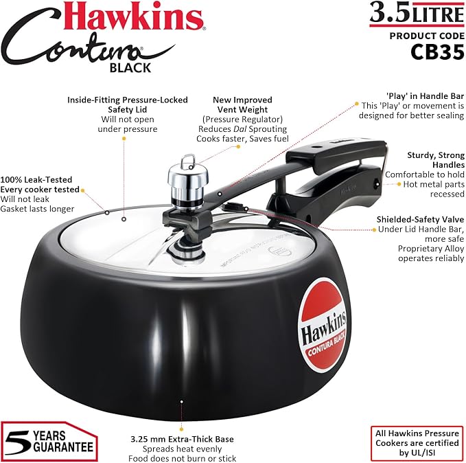 Hawkins 3.5 Litre Contura Black Pressure Cooker, Hard Anodised Inner Lid Cooker, Handi Cooker, Black (CB35)