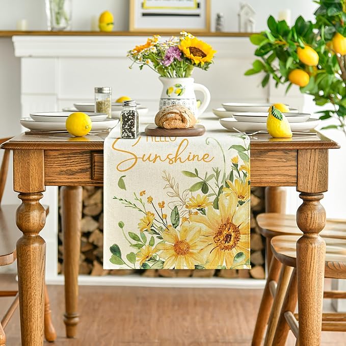 Artoid Mode Hello Sunshine Sunflower Eucalyptus Summer Table Runner, Seasonal Spring Kitchen Dining Table Decoration for Home Party Decor 13x108 Inch