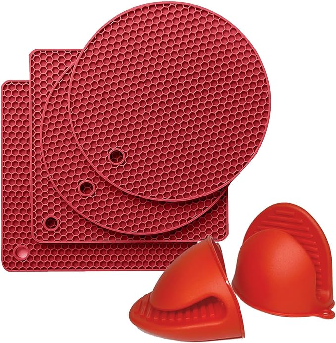 Silicone Pot Holders and Oven Mitts Mini, Trivets for Hot Dishes and Hot Pan, Hot Pads for Kitchen, Countertops, Oven Gloves Heat Resistant, Spoon Rest, Red