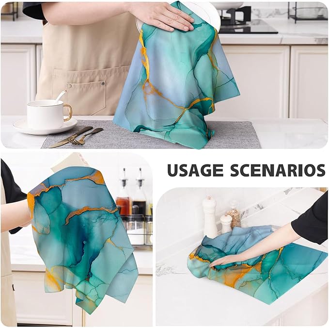 Teal Gold Kitchen Towel Set of 4 Soft Absorbent Marble Texture Turquoise Decorative Hand Towels Abstract Modern Dish Towels for Kitchen Drying Farmhouse Home Decor 16"x24"