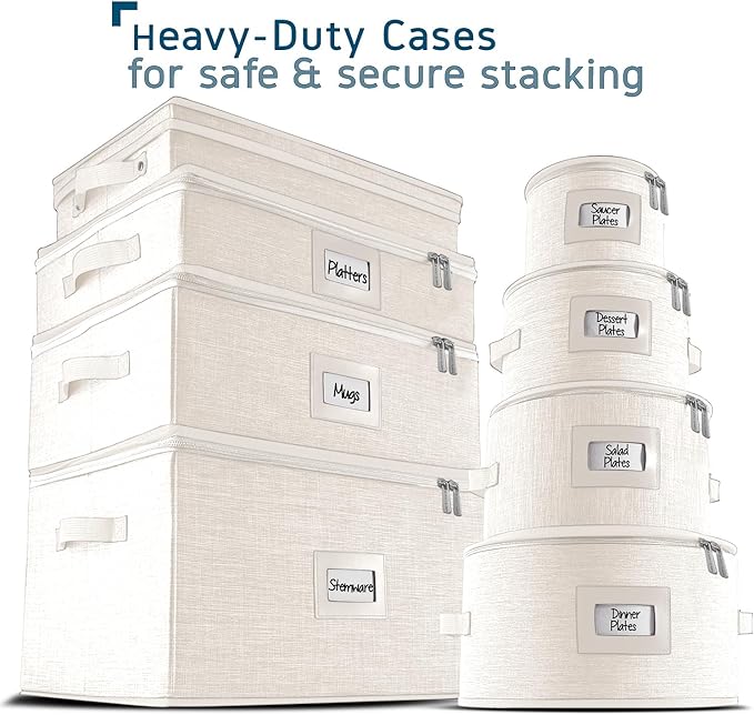 Fine China Storage Containers Hard Shell, 4 Piece Dish Storage Containers, Quilted Plate Containers, Stackable Dish Organizer with Dividers, Dinnerware Storage for Moving and Seasonal Storage, Cream