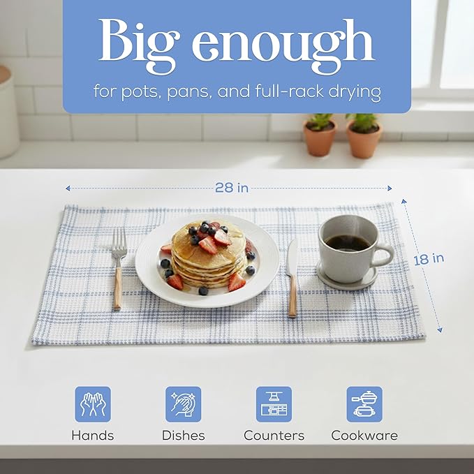 MosJos Kitchen Towels Set of 4 Dish Towels Blue n White Waffle Weave Cotton Hand Towels, 18 x 28 Absorbent Kitchen Linens