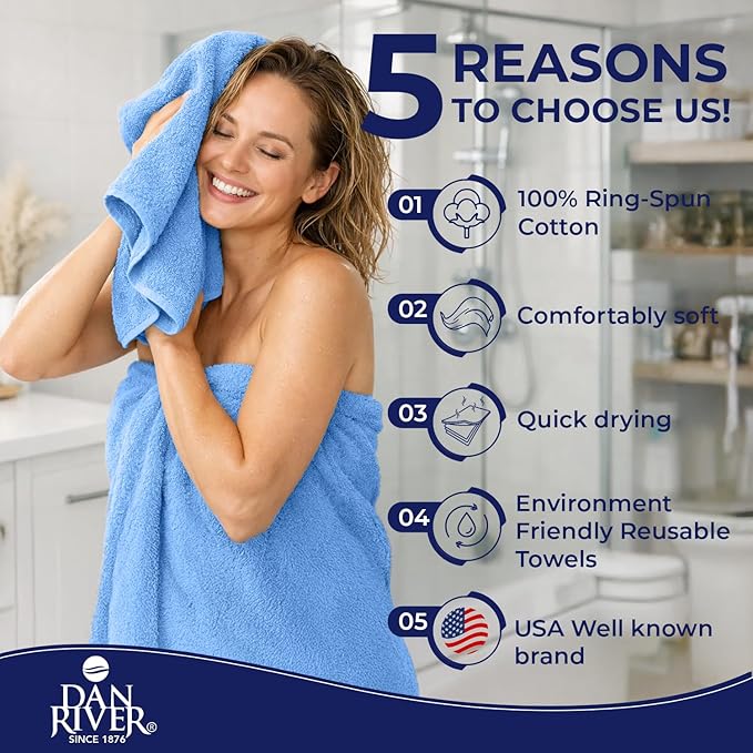 DAN RIVER 8 PC Luxury Bath Towels for Bathroom, 2 Bath, 2 Hand, and 4 Wash Cloths, 600 GSM 100% Ring Spun Cotton Towel Set, Highly Absorbent, Gym, Hotel, and Spa, Medium Blue