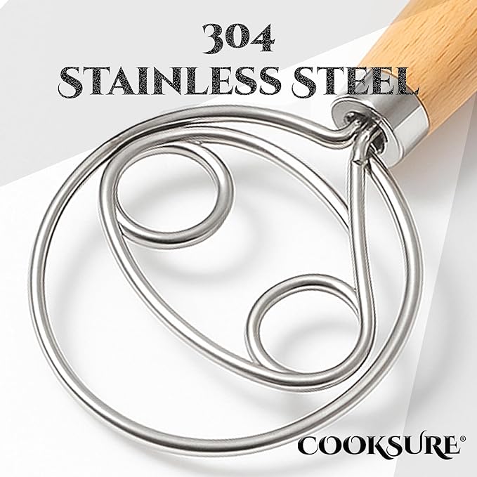 Danish Dough Whisk for Sourdough Bread – 13 Inch Bread Whisk with Wooden Handle – 304 Stainless Steel Hook for Heavy Dough Baking, Swedish Dough Whisk Tool