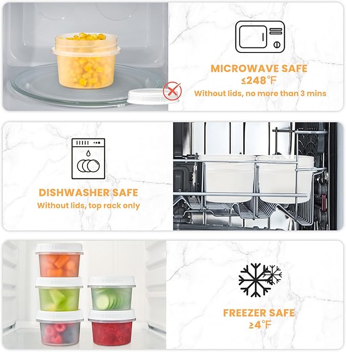 TUZAZO 8 Oz Food Storage Containers with Screw Lids, 6-Count Reusable Small Freezer Plastic Containers for Portion and Meal Prep | Microwave-, Freezer-, Dishwasher-Safe | BPA Free