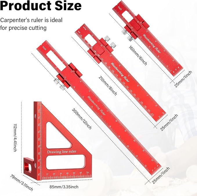 4 Pcs Woodworking Ruler, Metal Precision Pocket Rulers 12, 8, 6 Inch with 3D Multi Angle Measuring Ruler 45/90 Degree for Precision Measuring Marking Inch and Metric