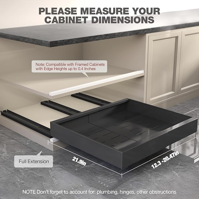 Seinloes 2 Pack Pull Out Cabinet Organizer 22" Deep,Full Extension 3 Slide Rails Slide Out Drawers With Raising Pad for Framed Cabinets,Expandable Width (12.3"-20.5"),No Drill Roll Out shelf,Black