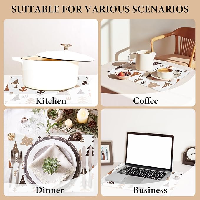 Cotton Linen Waterproof Placemats Set of 4, Christmas Tree Dining Mat Table Mats Decor Fabric for Xmas Dinner Coffee Shop Table, Indoor/Outdoor Washable Wipeable Placemat -N027