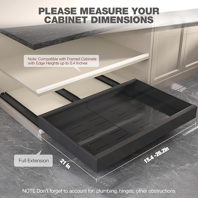 Seinloes 4 Pack Pull Out Cabinet Organizer 21" Deep,Full Extension 3 Slide Rails Slide Out Drawers With Raising Pad for Framed Cabinets,Expandable Width (15.4"-26.2"),No Drill Roll Out Shelves,Black